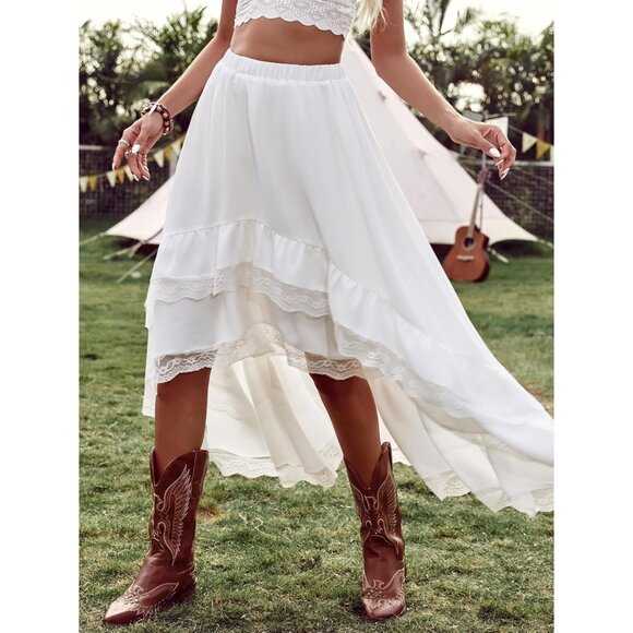 Large White Boho Lace Ruffle Skirt - Asymmetrical Cowgirl Style for Festivals - Picture 6 of 7